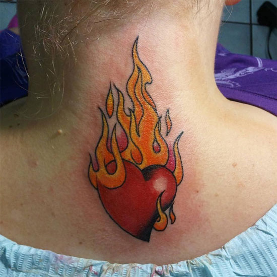 Flame heart tattoo on neck