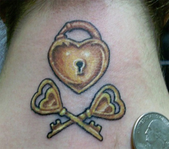 Heart key and lock tattoo on neck