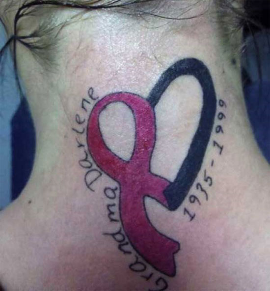 Ribbon heart tattoo on neck