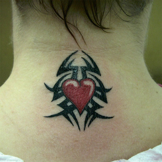 Tribal heart tattoo on neck