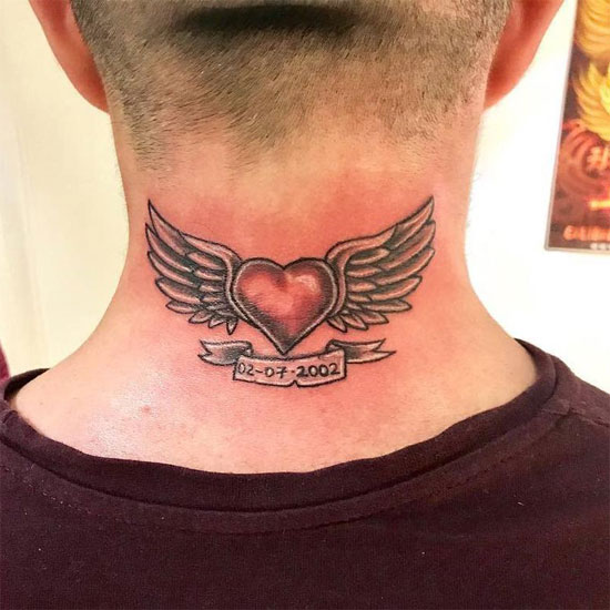 Wings heart tattoo on neck