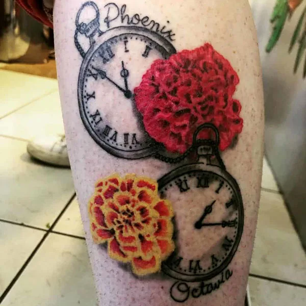 Marigold and Clock Tattoo