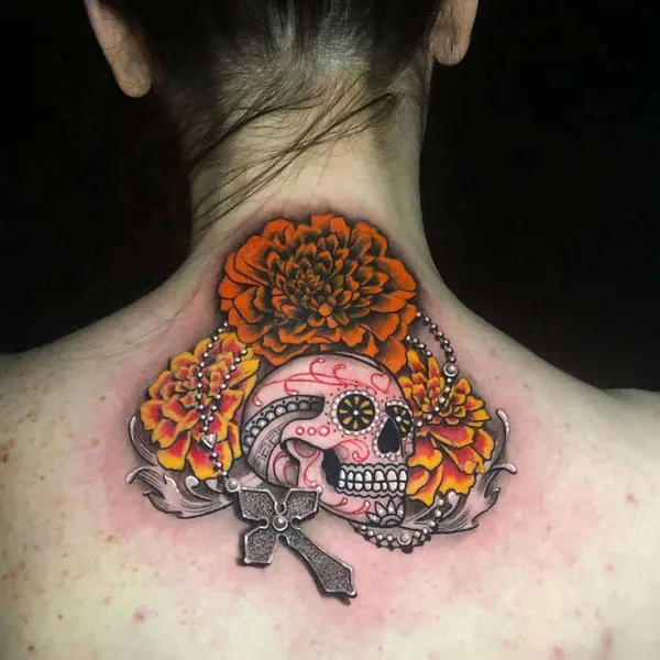 Sugar skull marigold tattoo 1
