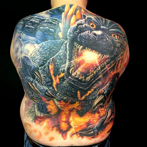 Godzilla back tattoo