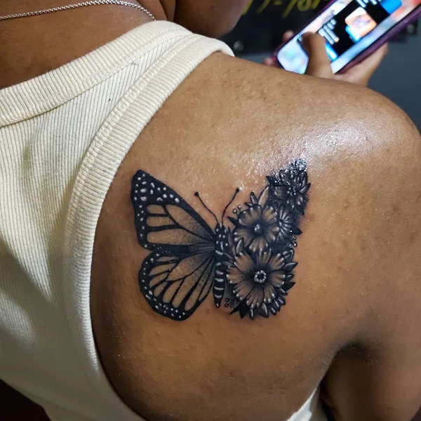 Half butterfly half flower tattoo 18