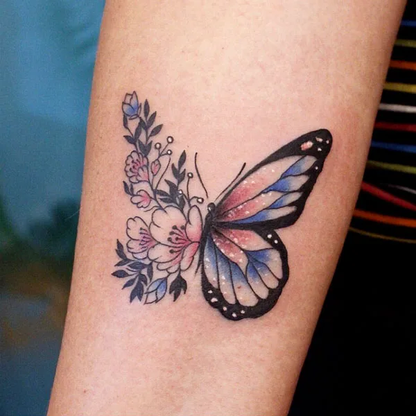Half butterfly half flower tattoo 4