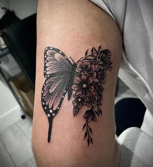 Half butterfly half flower tattoo 6