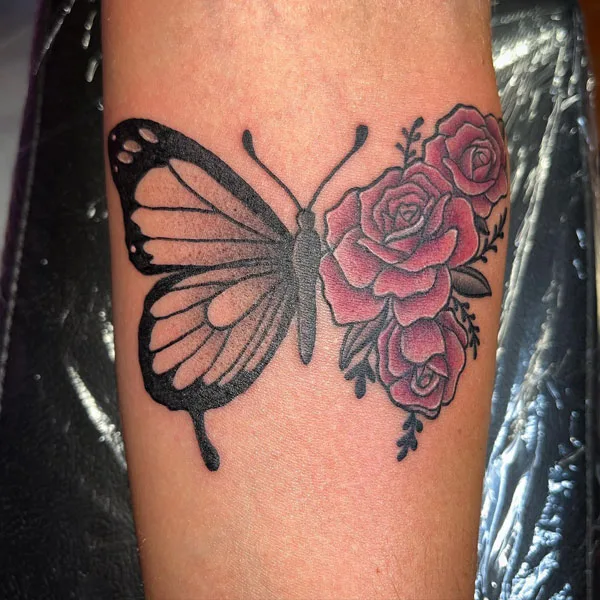 Half butterfly half flower tattoo 61