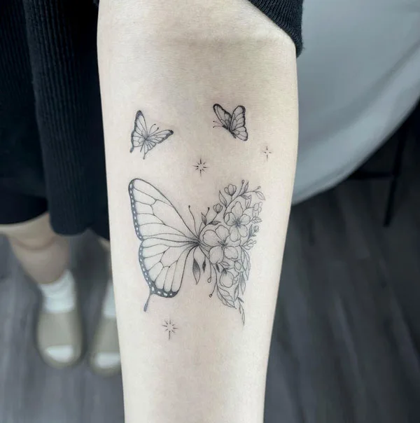 Half butterfly half flower tattoo 69