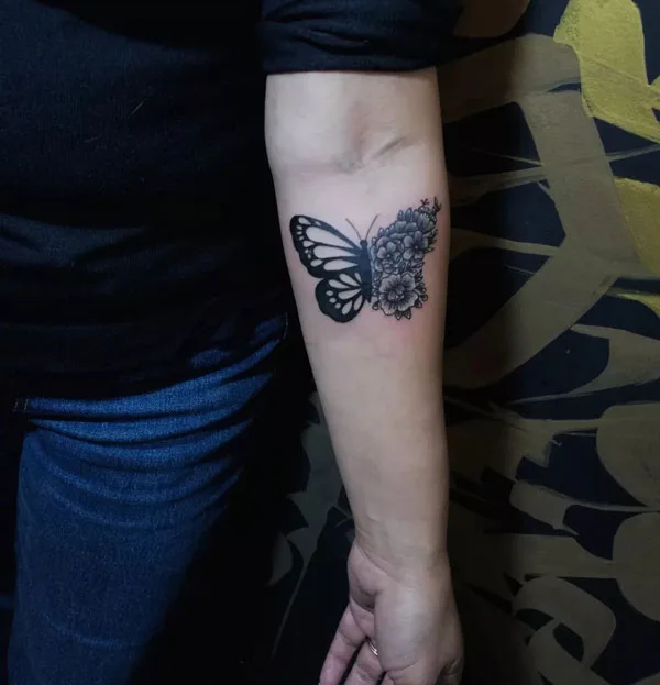 Half butterfly half flower tattoo 9