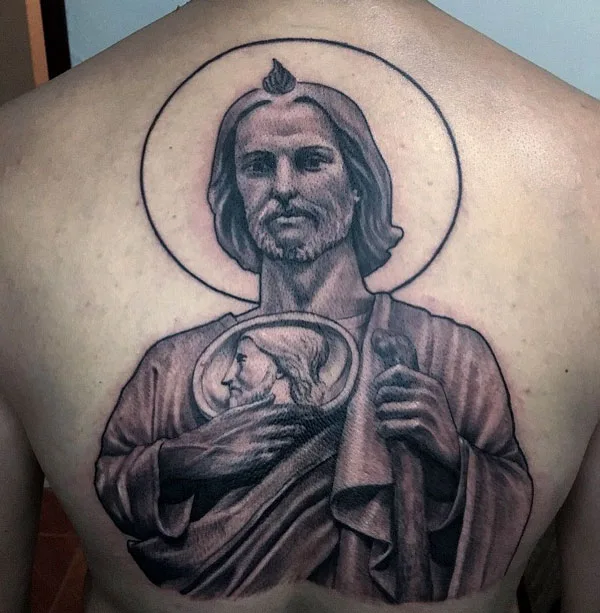 San Judas back tattoo