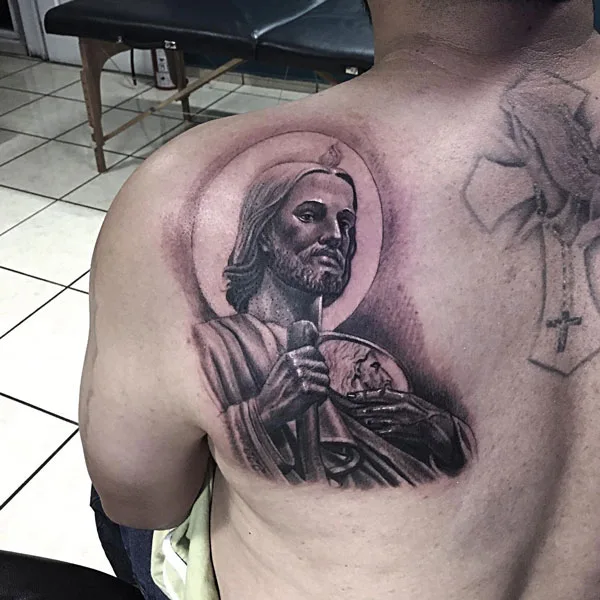 San Judas tattoo shoulder