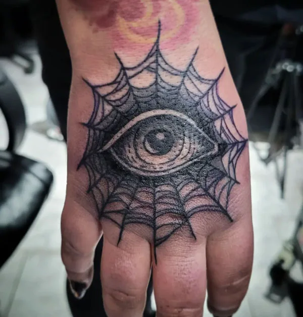 Spider web eye tattoo