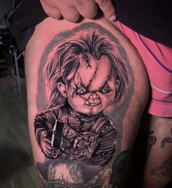 Chucky thigh tattoo
