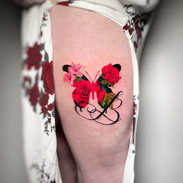 Butterfly thigh tattoo 8