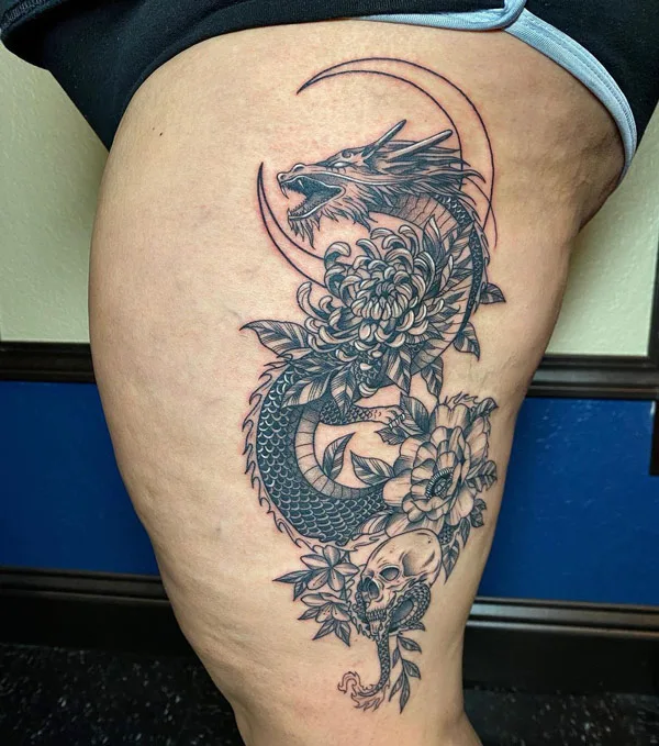 Chinese Dragon tattoo on thigh
