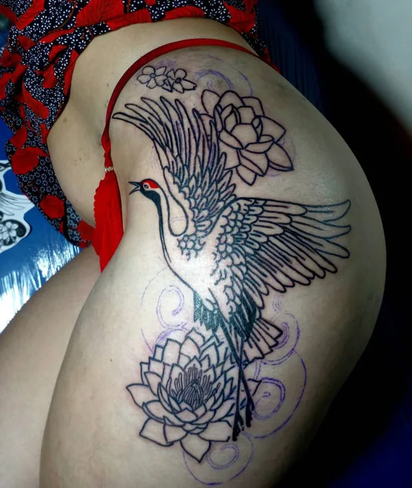 Japanese Crane thigh tattoo