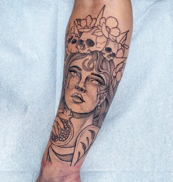 Persephone tattoo on forearm