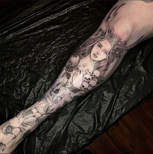 Persephone tattoo on leg