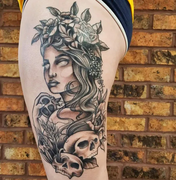 Persephone tattoo on thigh