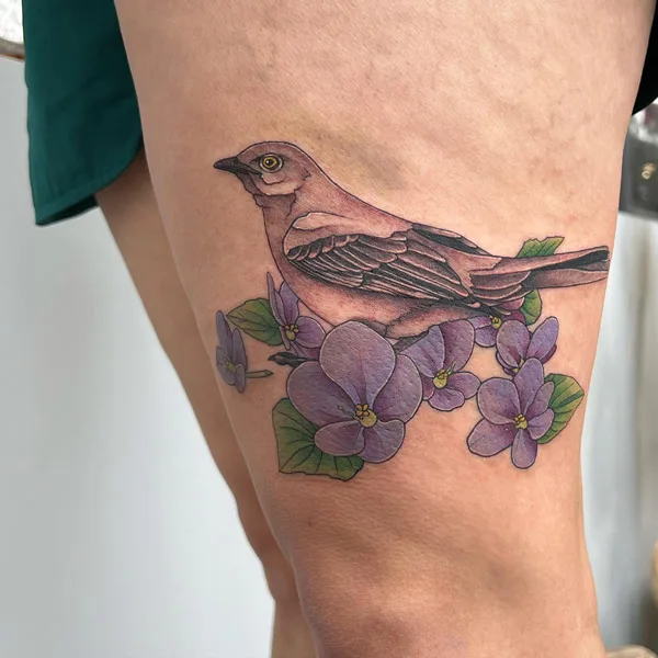 Violet Flower and Mockingbird Tattoo