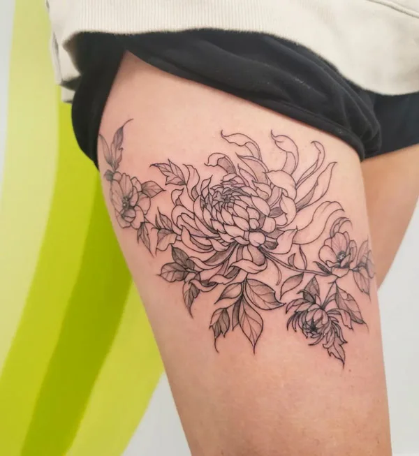 November Birth Flower Thigh Tattoo 2