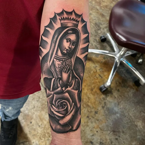 Virgin Mary Rosary Tattoo