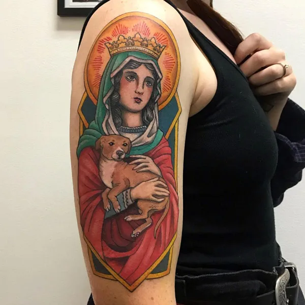 Virgin Mary and Chiweenie Dog tattoo