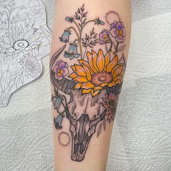Bull Skull Tattoo with Flowers 2