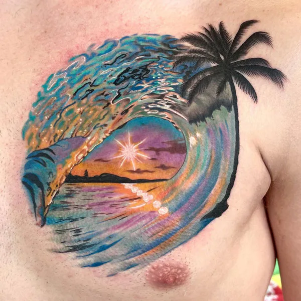 Palm Tree and Wave Tattoo