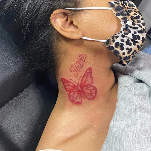 Butterfly neck tattoo with name