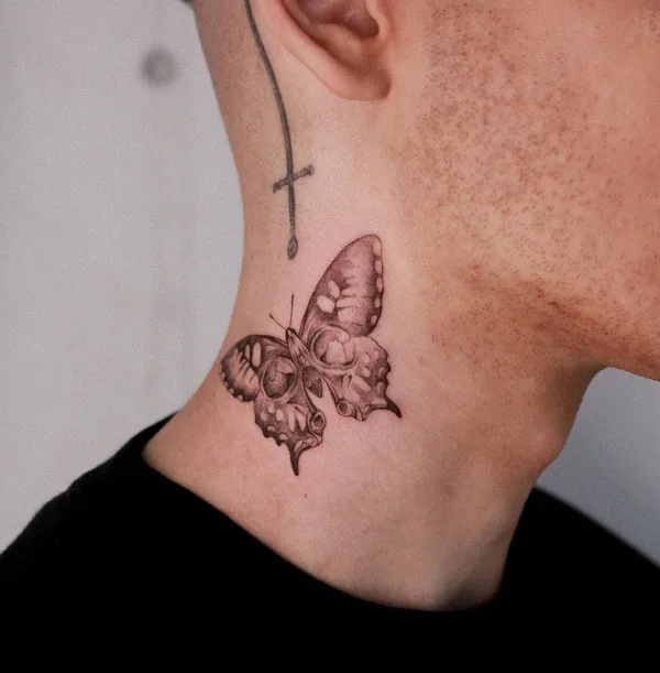 Butterfly Skull Neck Tattoo 2