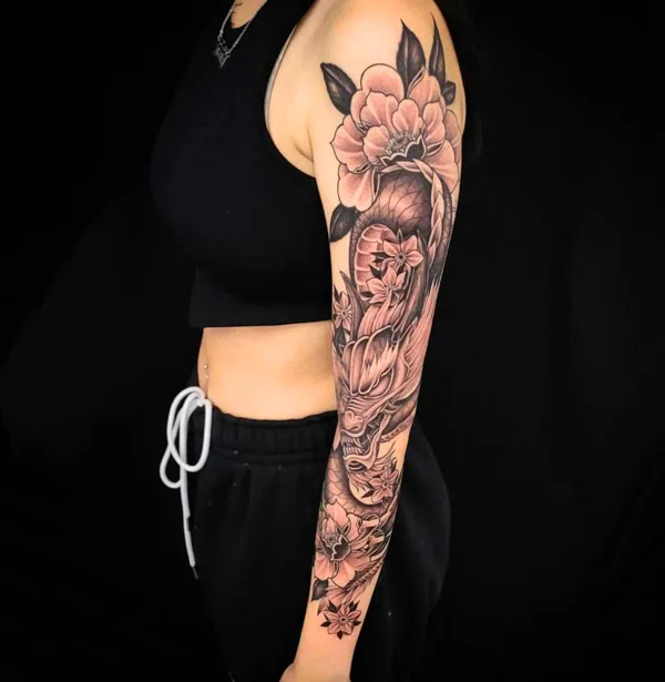 Floral Dragon Sleeve Tattoo
