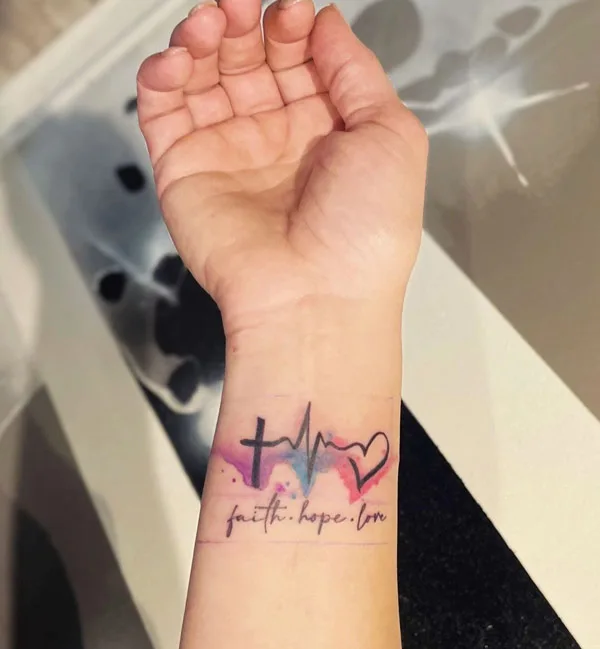 Heartbeat Cross Tattoo on Wrist