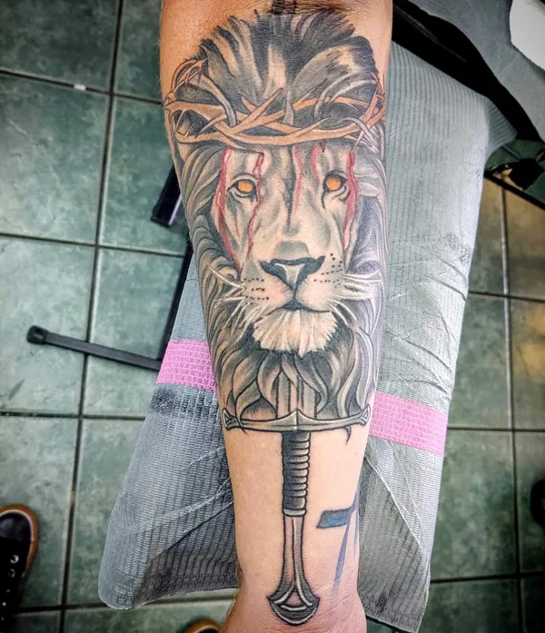Lion with Crown of Thorns Tattoo 1