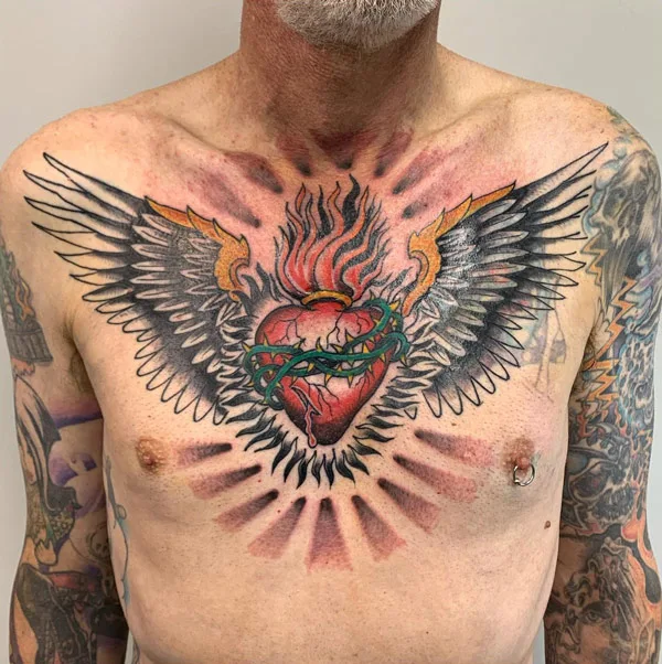 Chest Old School Heart Wings Tattoo by Last Port