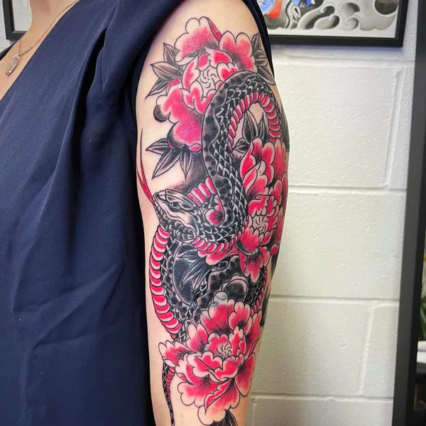 Japanese Snake And Peonies Tattoo