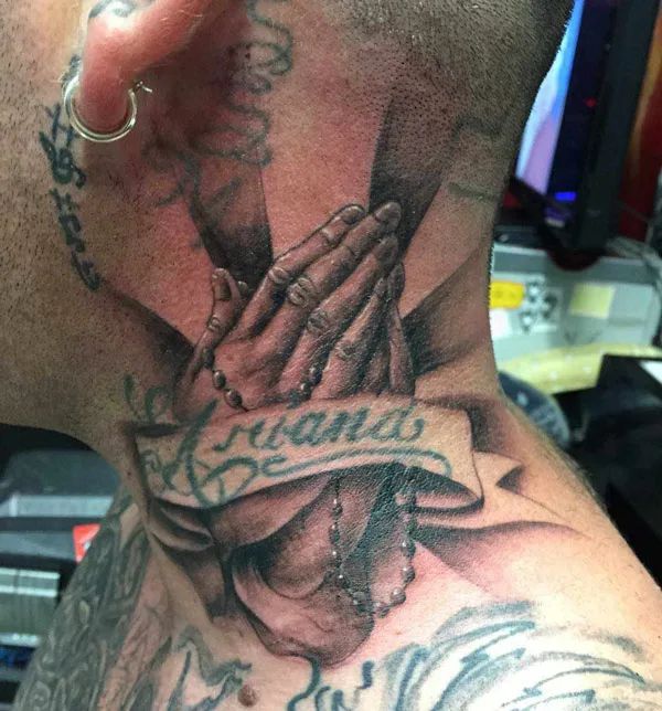 Praying Hands Neck Tattoo with Name