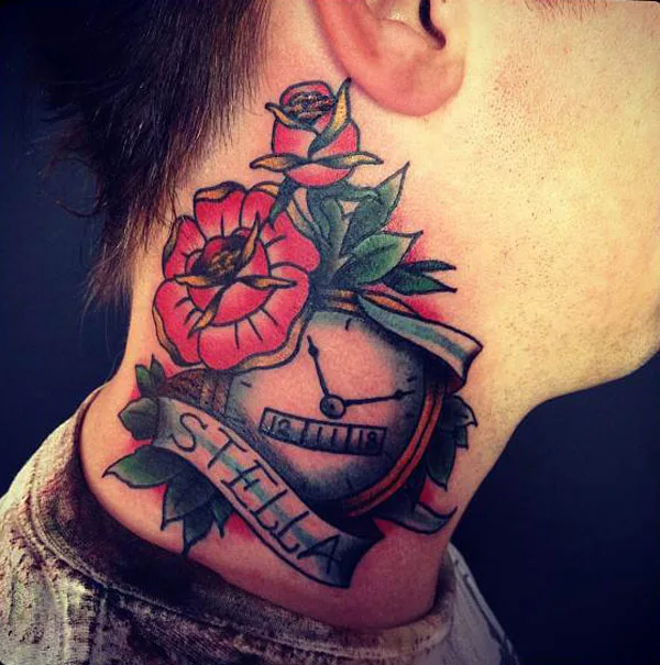 Traditional Tattoo on Neck with Name