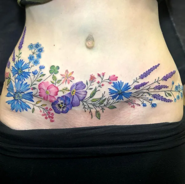 Wildflower Tummy Tuck Scar Tattoo