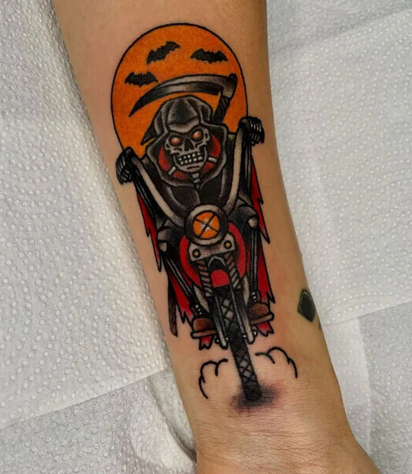 Skeleton Riding Motorcycle Tattoo 2