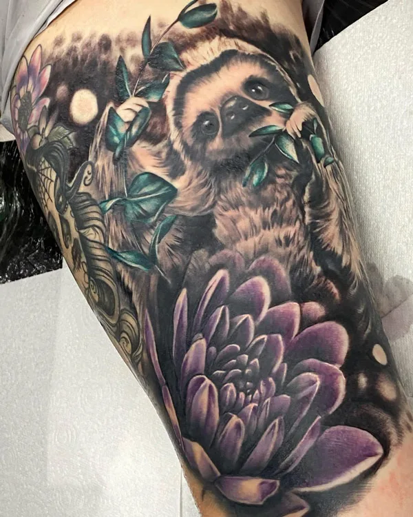 Black And Gray Sloth Tattoo