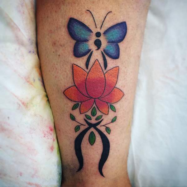 Semicolon Butterfly And Lotus Flower Tattoo