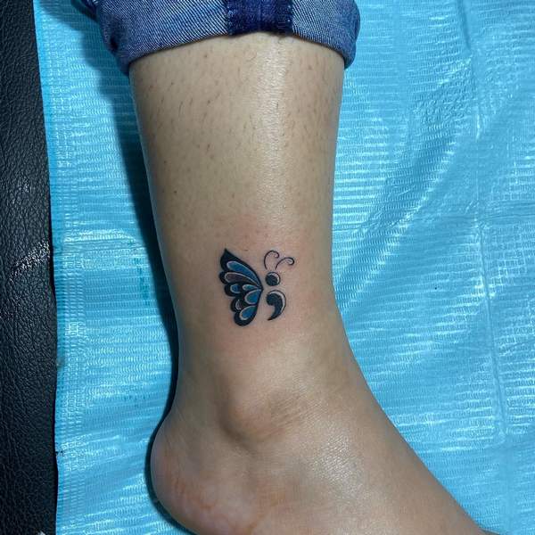 Semicolon Butterfly Ankle Tattoo 1