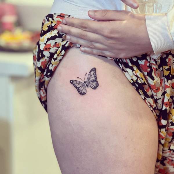 Semicolon Butterfly Front Hip Tattoo