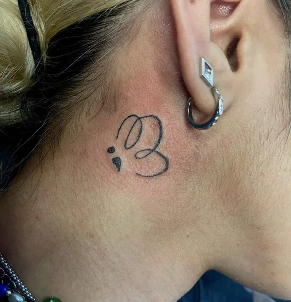 Semicolon Butterfly Tattoo Behind The Ear