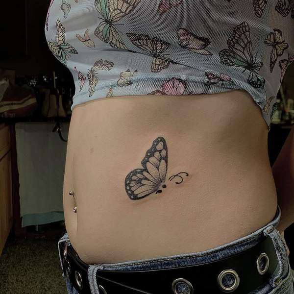 Side Stomach Semicolon Butterfly Tattoo